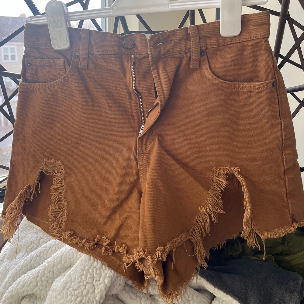BDG Tan Frayed Hem A-Line Jean Shorts